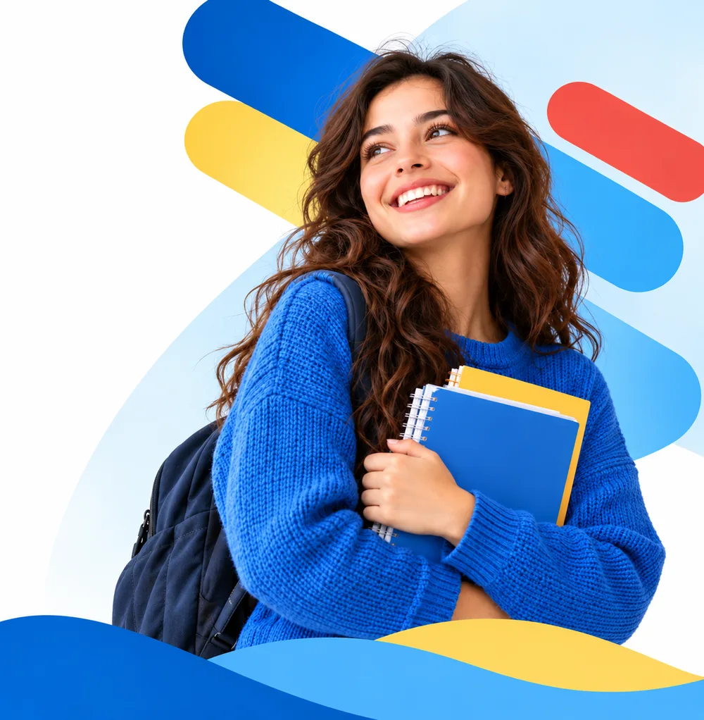 Estudiante de Real English sonriendo con sus cuadernos, lista para su clase de inglés